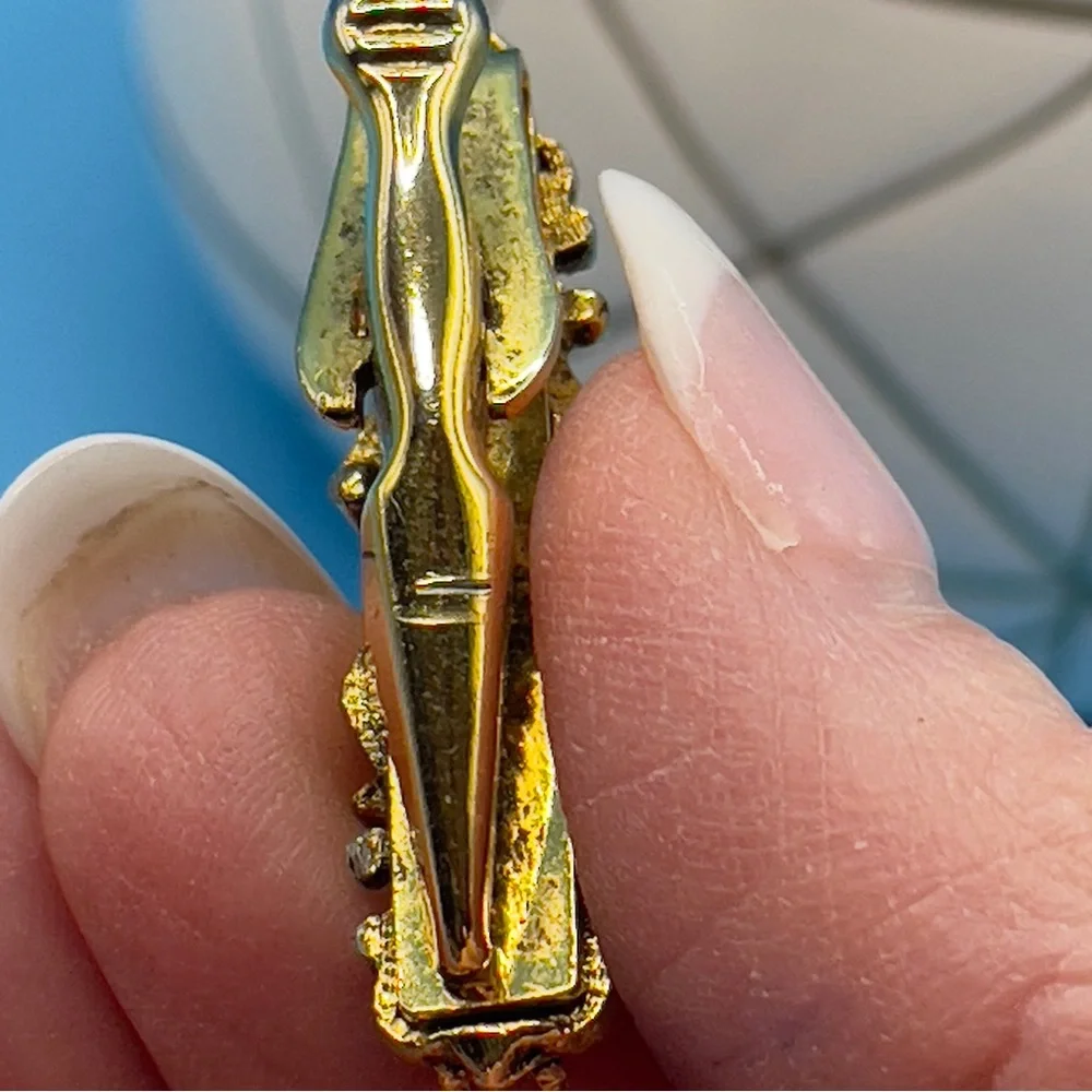 Vintage Gold Tone Bar Brooch Black Glass Floral Tie Clip Back AS-IS $20 🤩 - Picture 5 of 10